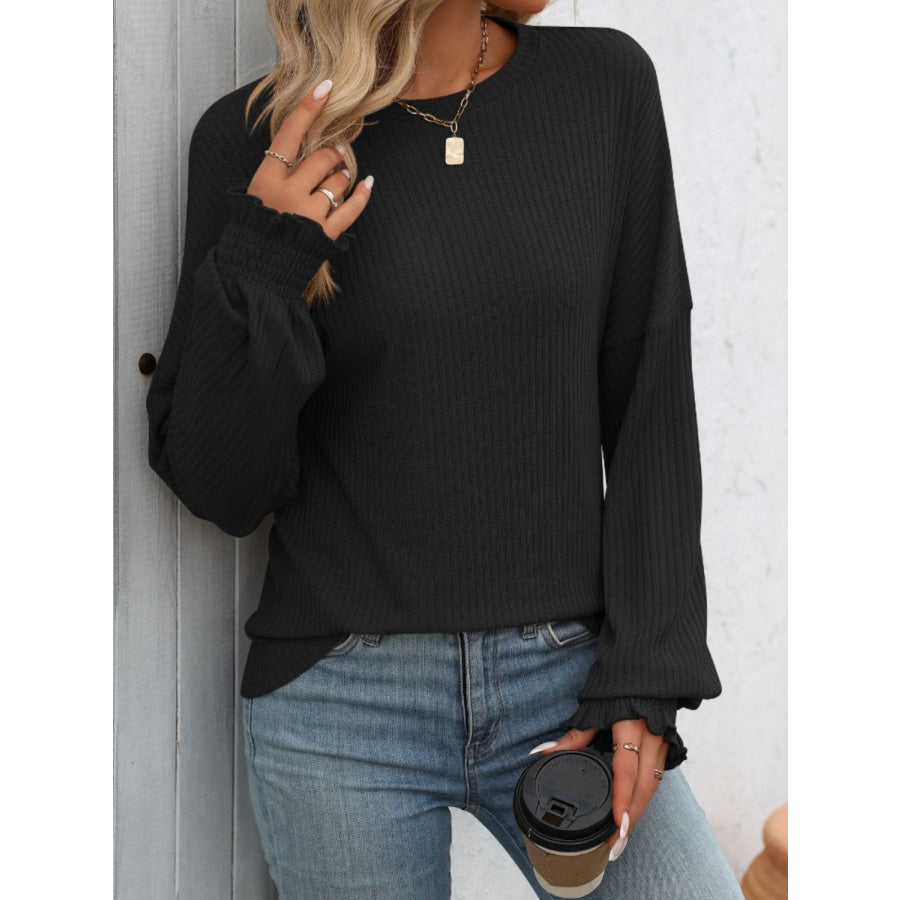 Ribbed Round Neck Long Sleeve T-Shirt Apparel and Accessories
