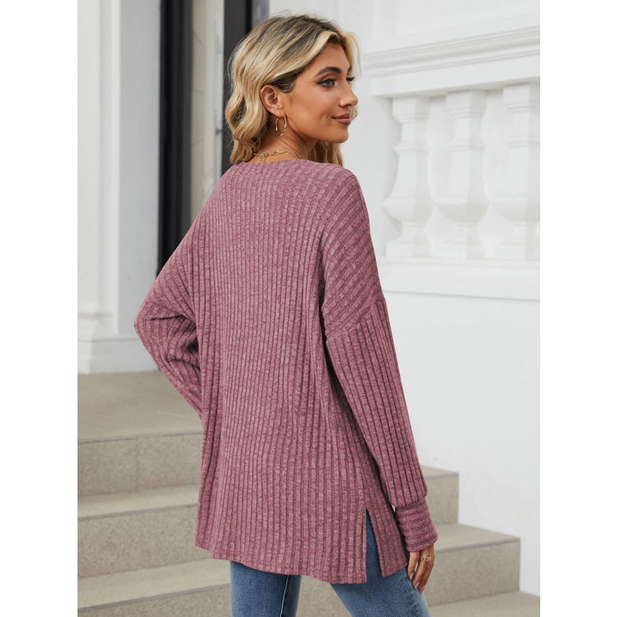 Ribbed Round Neck Long Sleeve T-Shirt Plum / S Apparel and Accessories
