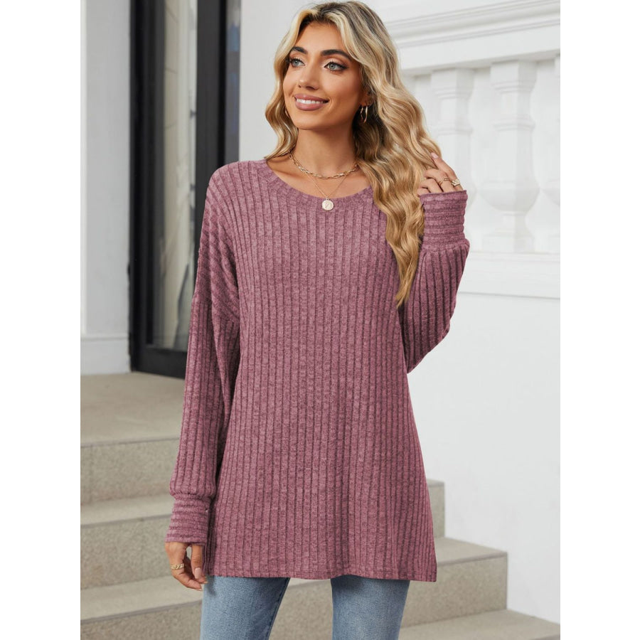 Ribbed Round Neck Long Sleeve T-Shirt Apparel and Accessories