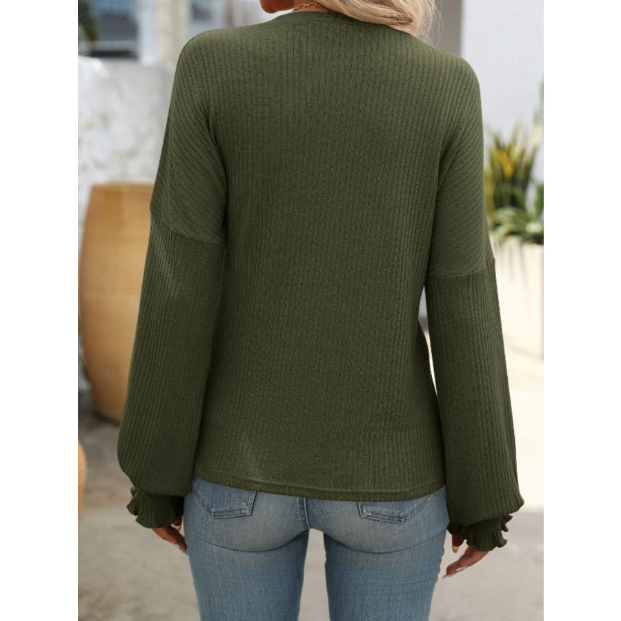 Ribbed Round Neck Long Sleeve T-Shirt Apparel and Accessories