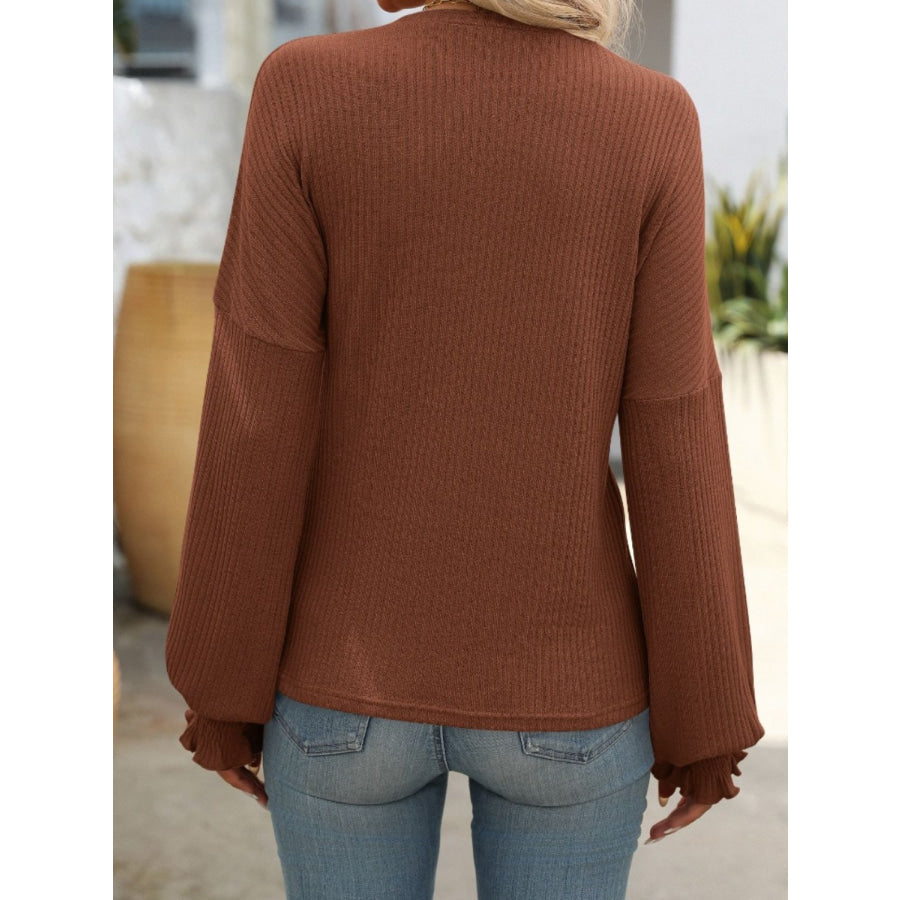Ribbed Round Neck Long Sleeve T-Shirt Apparel and Accessories