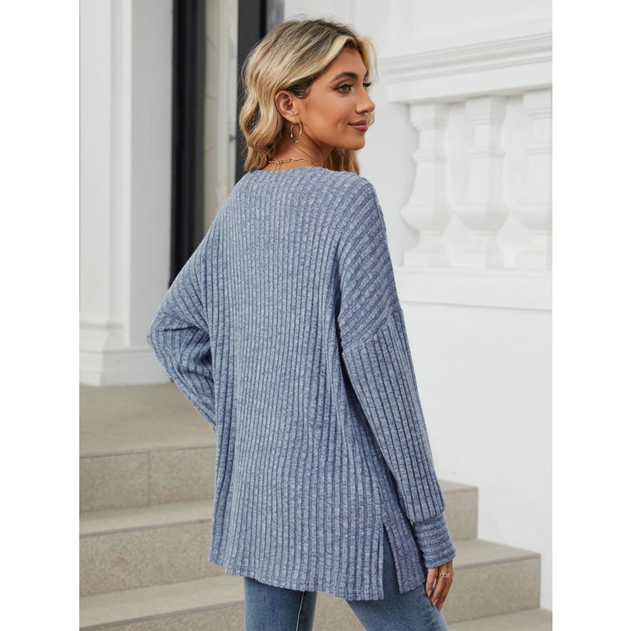 Ribbed Round Neck Long Sleeve T-Shirt Apparel and Accessories