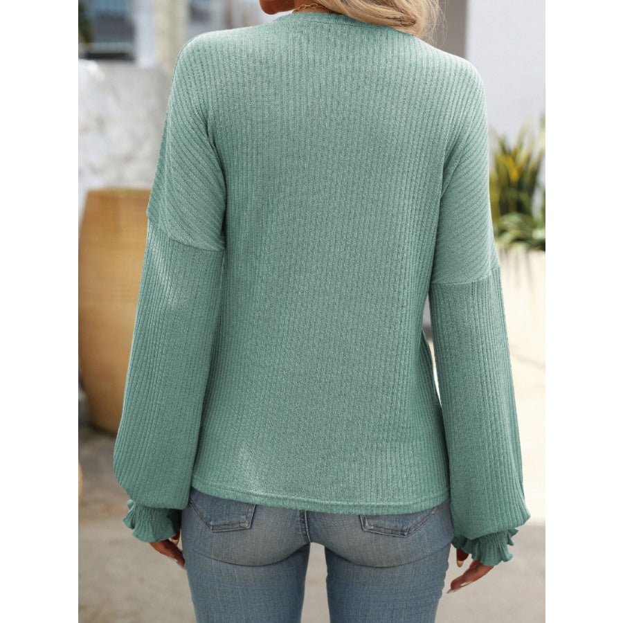 Ribbed Round Neck Long Sleeve T-Shirt Apparel and Accessories