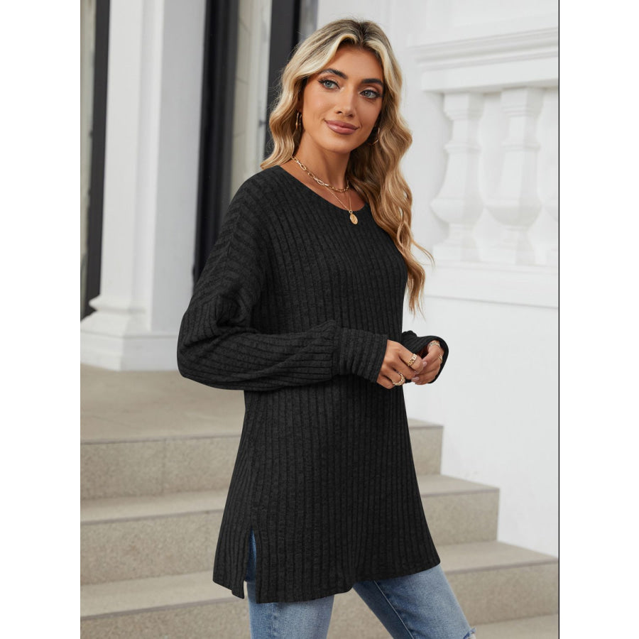 Ribbed Round Neck Long Sleeve T-Shirt Apparel and Accessories