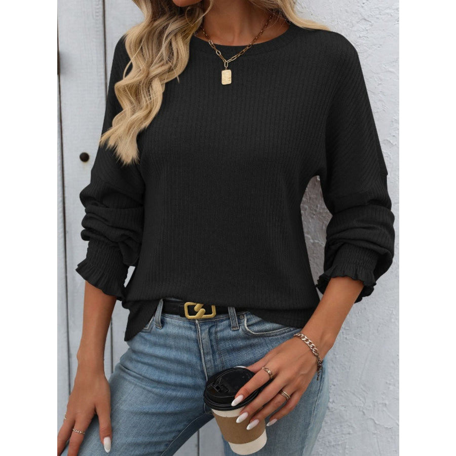 Ribbed Round Neck Long Sleeve T-Shirt Apparel and Accessories