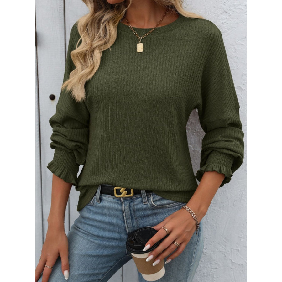 Ribbed Round Neck Long Sleeve T-Shirt Army Green / S Apparel and Accessories