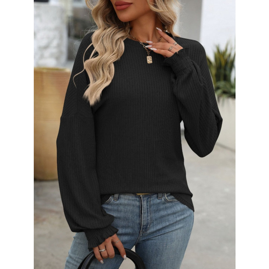 Ribbed Round Neck Long Sleeve T-Shirt Black / S Apparel and Accessories