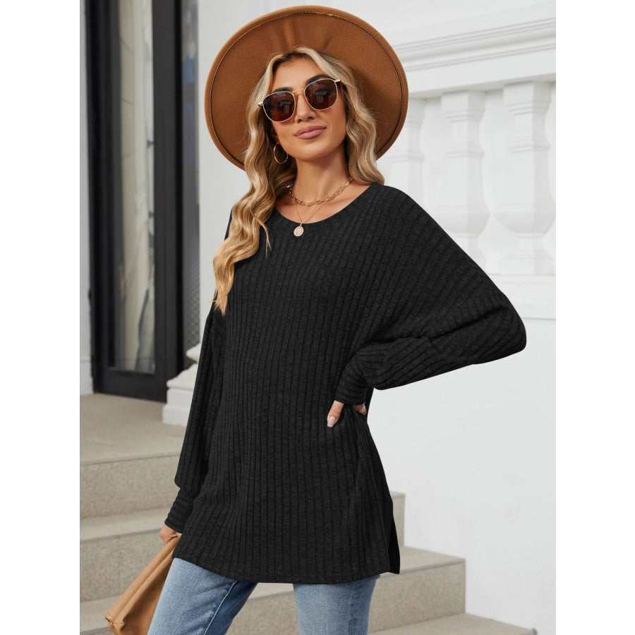 Ribbed Round Neck Long Sleeve T-Shirt Black / S Apparel and Accessories