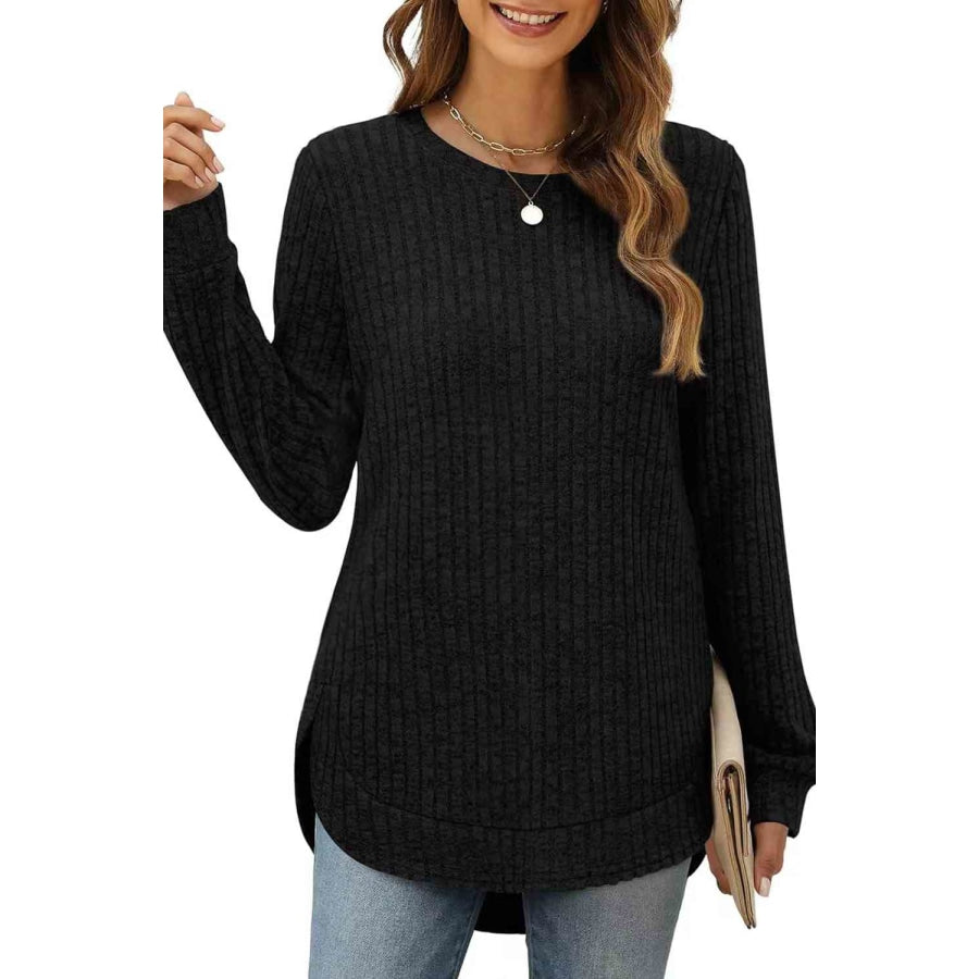 Ribbed Round Neck Long Sleeve T-Shirt Black / S