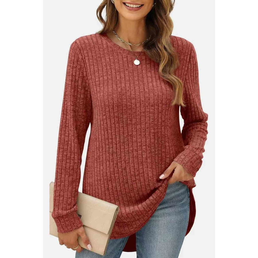 Ribbed Round Neck Long Sleeve T-Shirt Brick Red / S