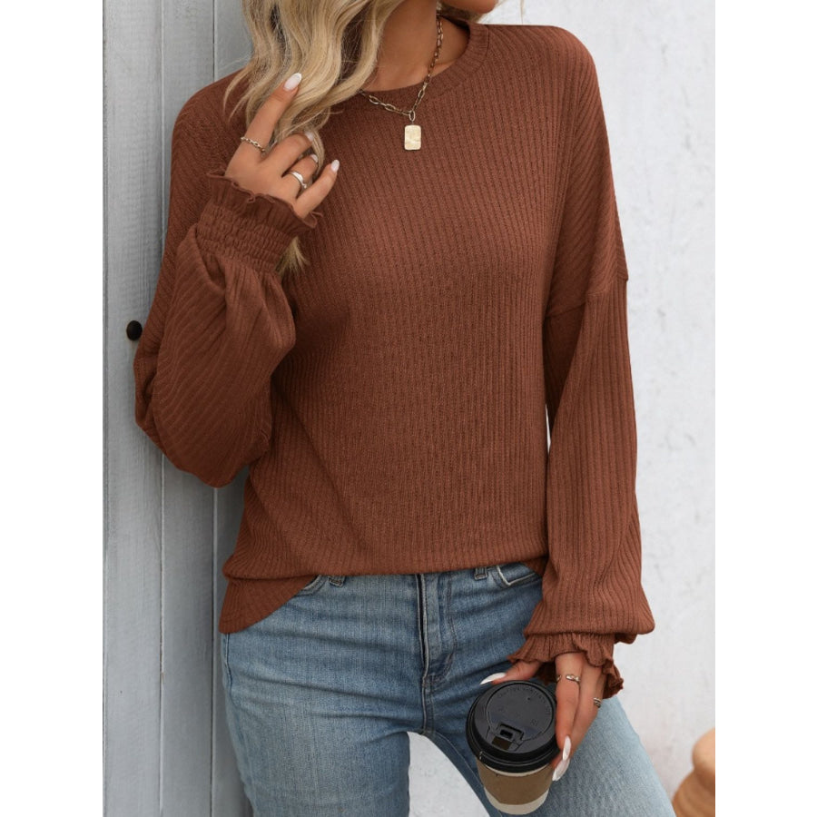 Ribbed Round Neck Long Sleeve T-Shirt Dark Brown / S Apparel and Accessories