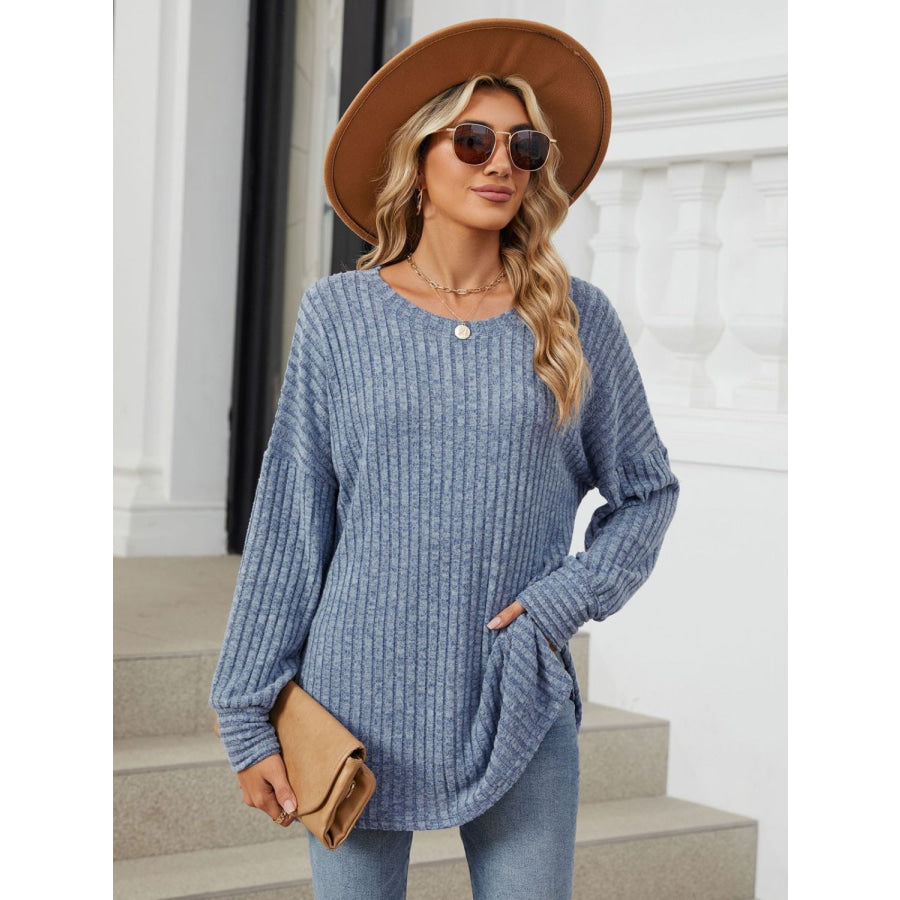 Ribbed Round Neck Long Sleeve T-Shirt Dusty Blue / S Apparel and Accessories