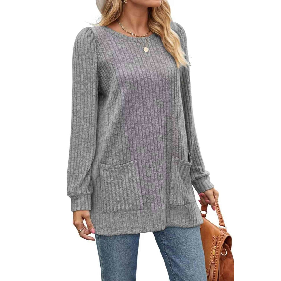 Ribbed Round Neck Long Sleeve T-Shirt Heather Gray / S