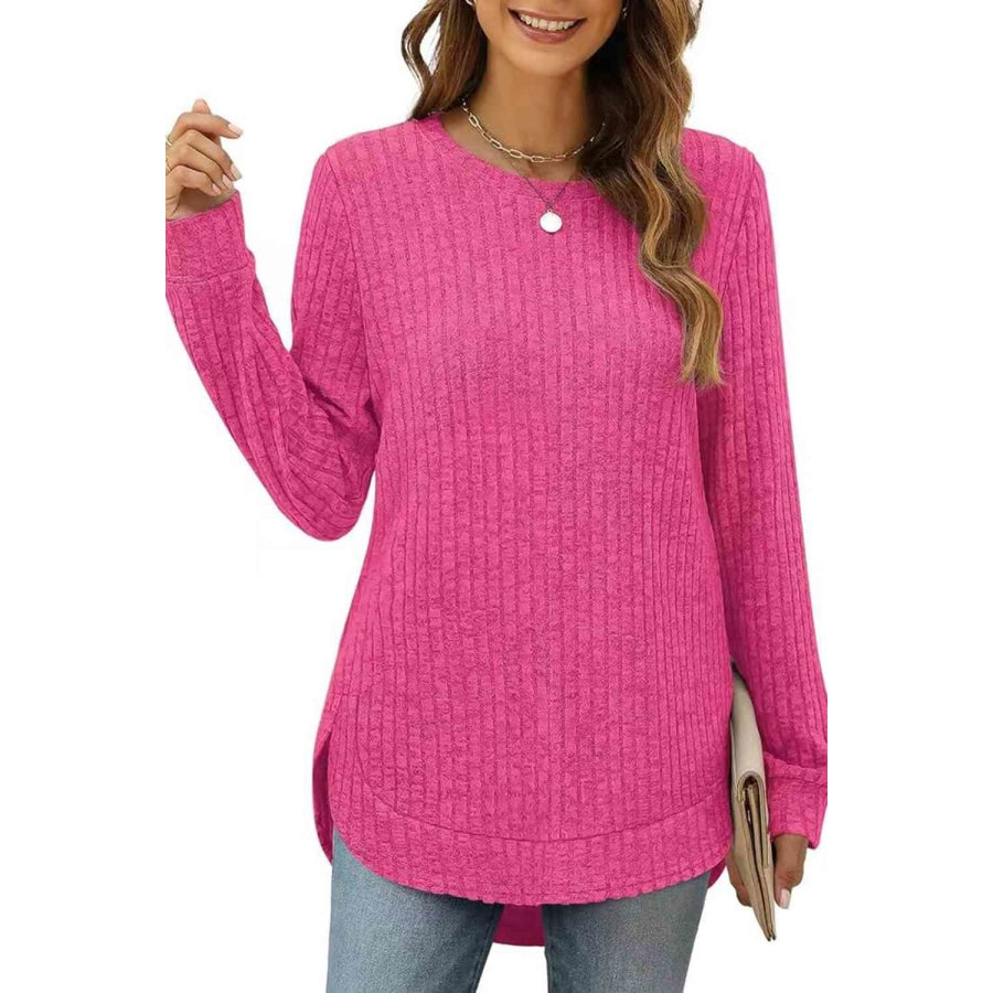 Ribbed Round Neck Long Sleeve T-Shirt Hot Pink / S