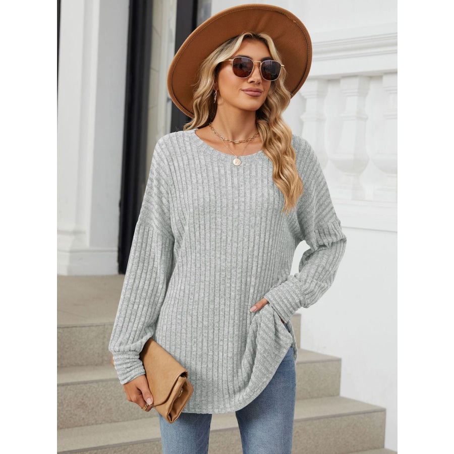 Ribbed Round Neck Long Sleeve T-Shirt Light Gray / S Apparel and Accessories