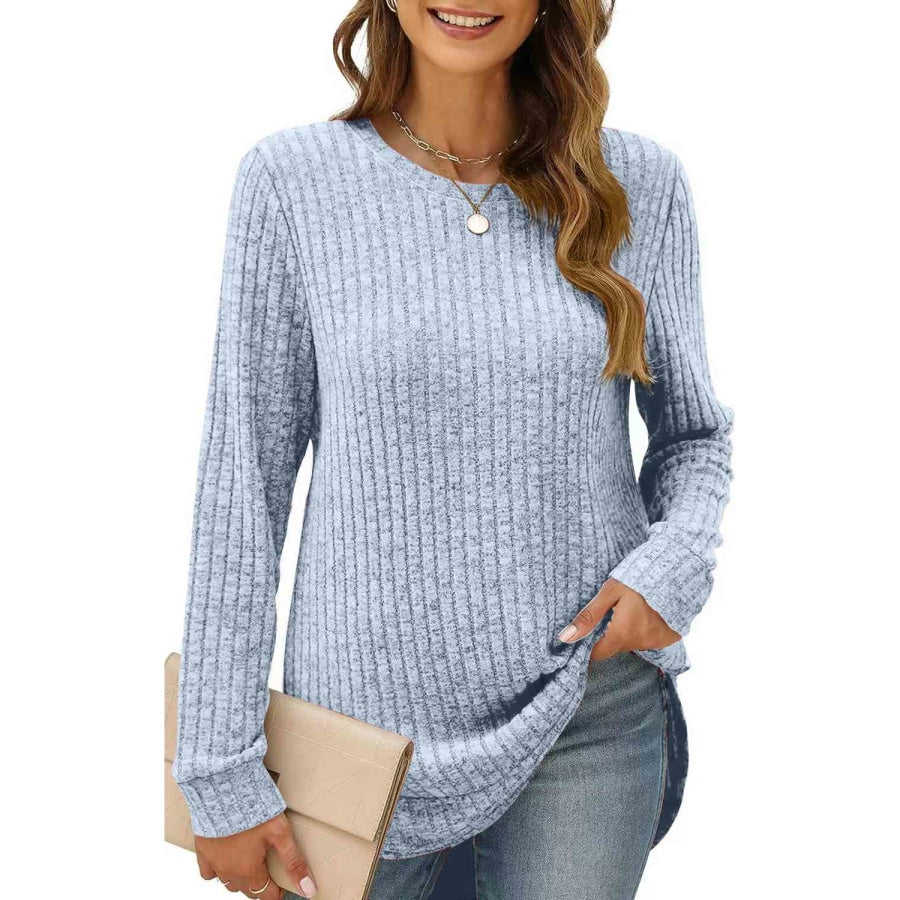 Ribbed Round Neck Long Sleeve T-Shirt Misty Blue / S