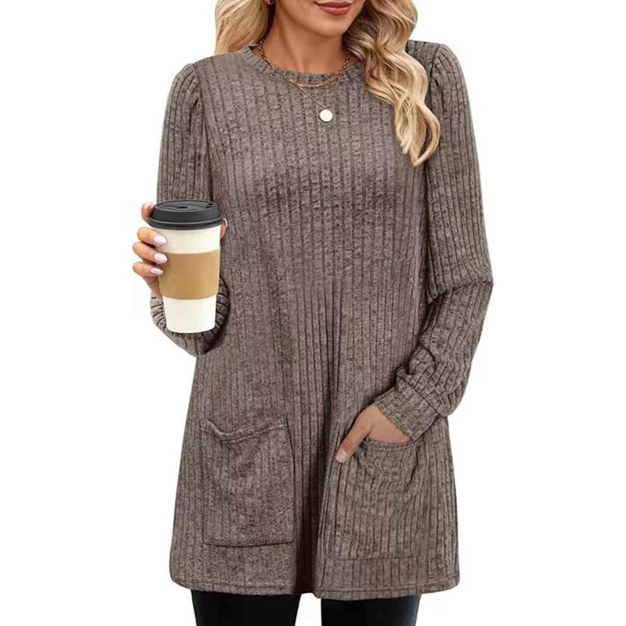 Ribbed Round Neck Long Sleeve T-Shirt Mocha / S