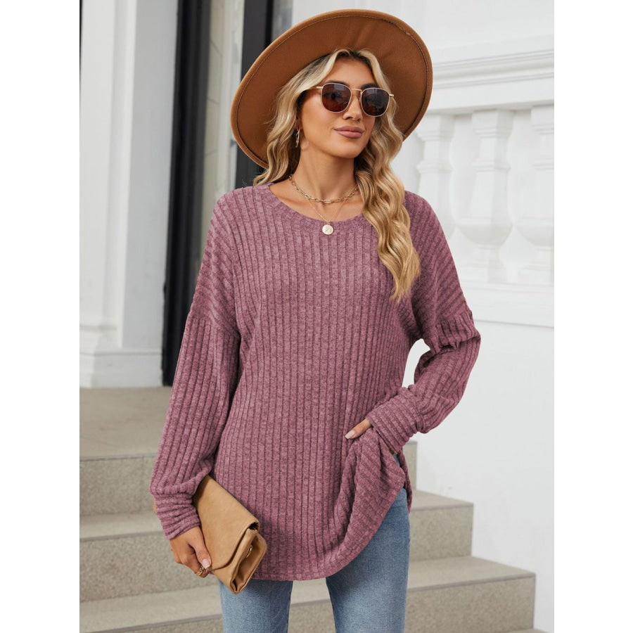 Ribbed Round Neck Long Sleeve T-Shirt Plum / S Apparel and Accessories