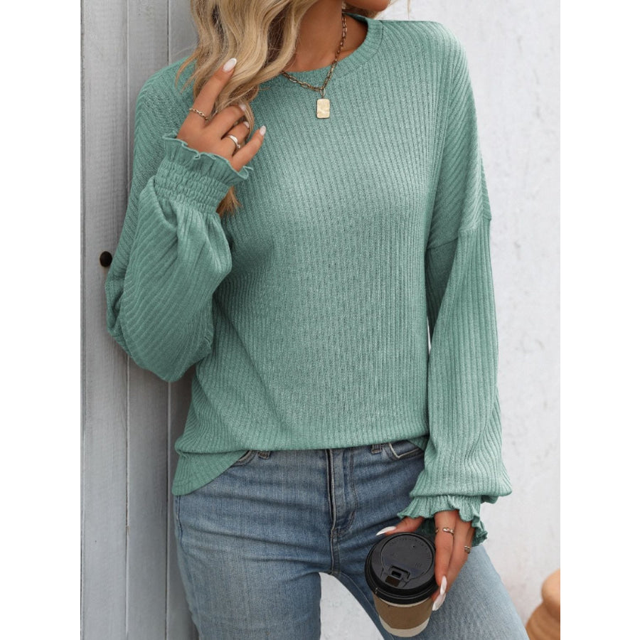 Ribbed Round Neck Long Sleeve T-Shirt Sage / S Apparel and Accessories
