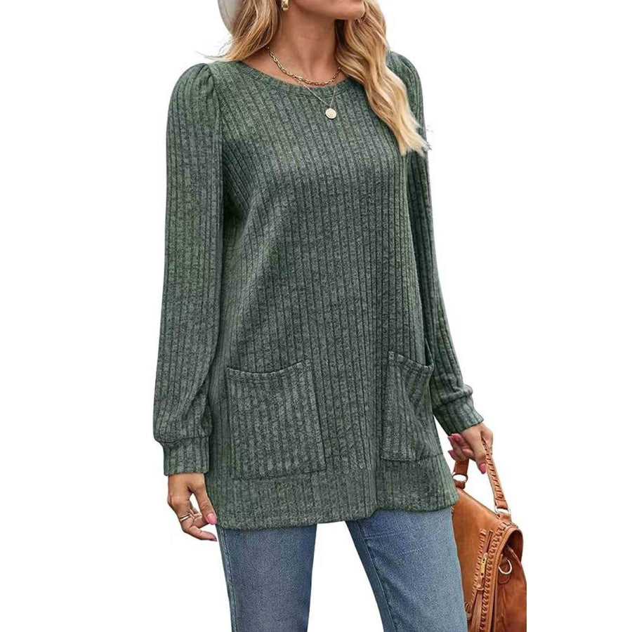 Ribbed Round Neck Long Sleeve T-Shirt Sage / S