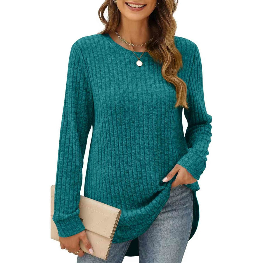 Ribbed Round Neck Long Sleeve T-Shirt Teal / S