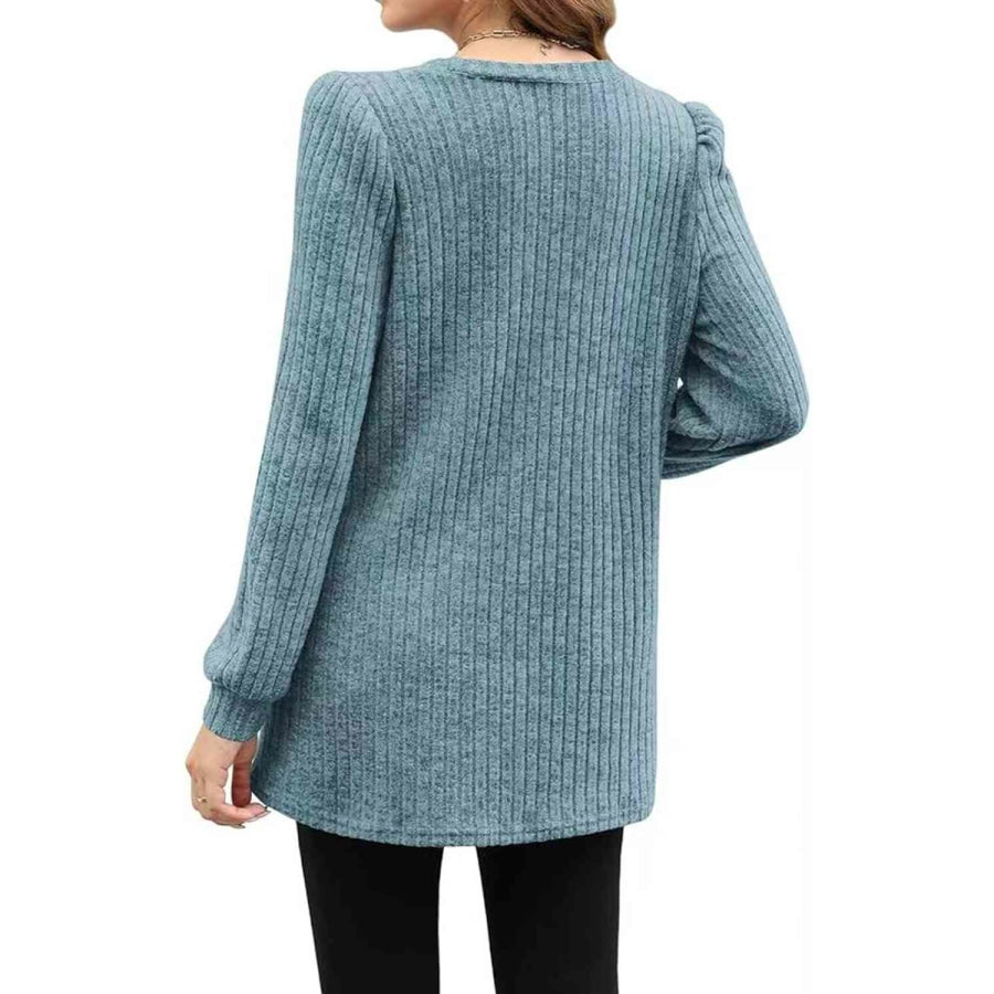 Ribbed Round Neck Long Sleeve T-Shirt