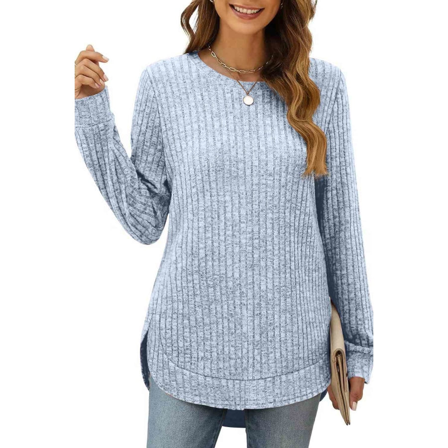 Ribbed Round Neck Long Sleeve T-Shirt