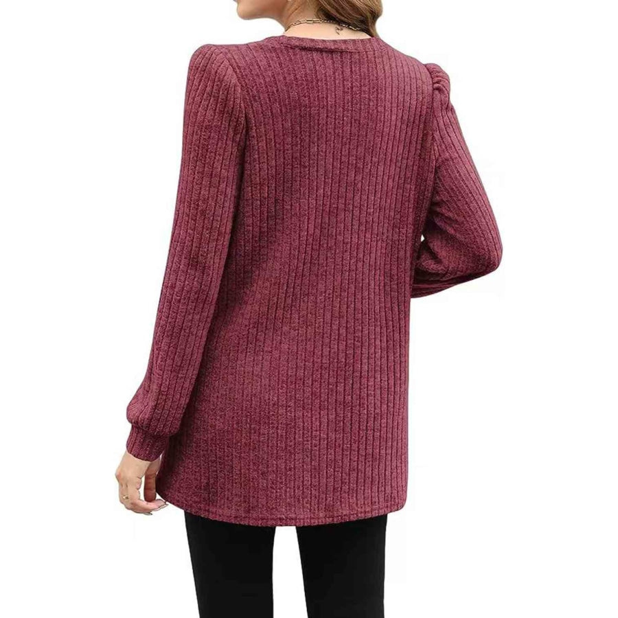 Ribbed Round Neck Long Sleeve T-Shirt