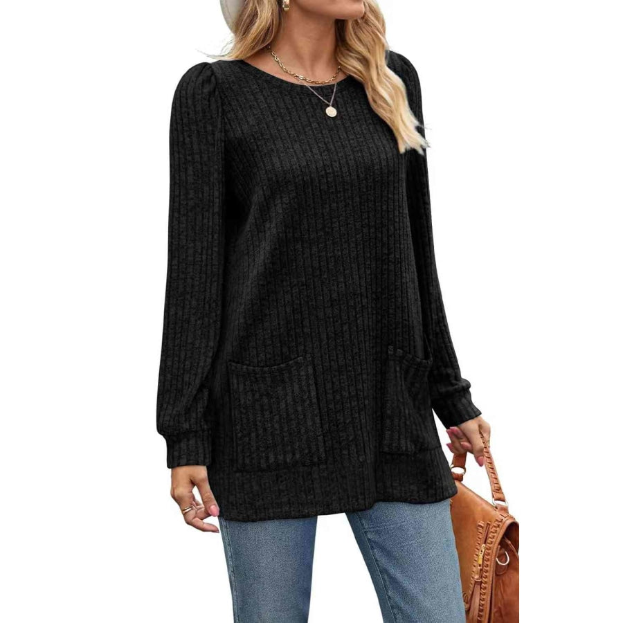 Ribbed Round Neck Long Sleeve T-Shirt Black / S