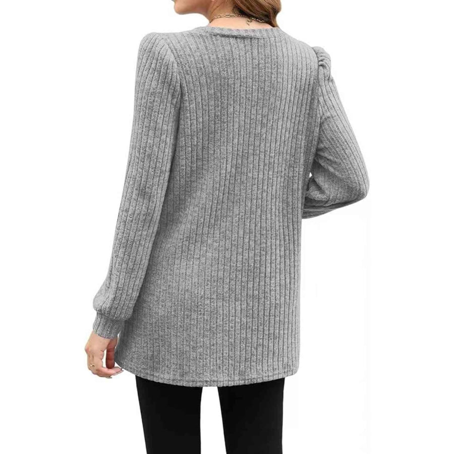 Ribbed Round Neck Long Sleeve T-Shirt