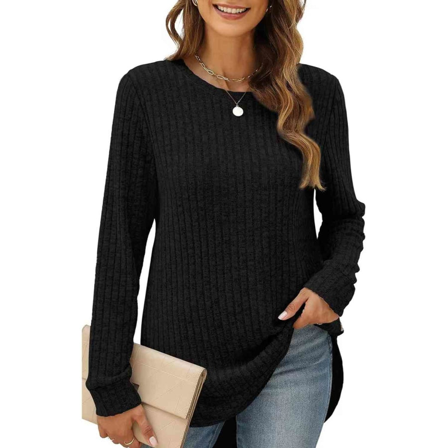 Ribbed Round Neck Long Sleeve T-Shirt