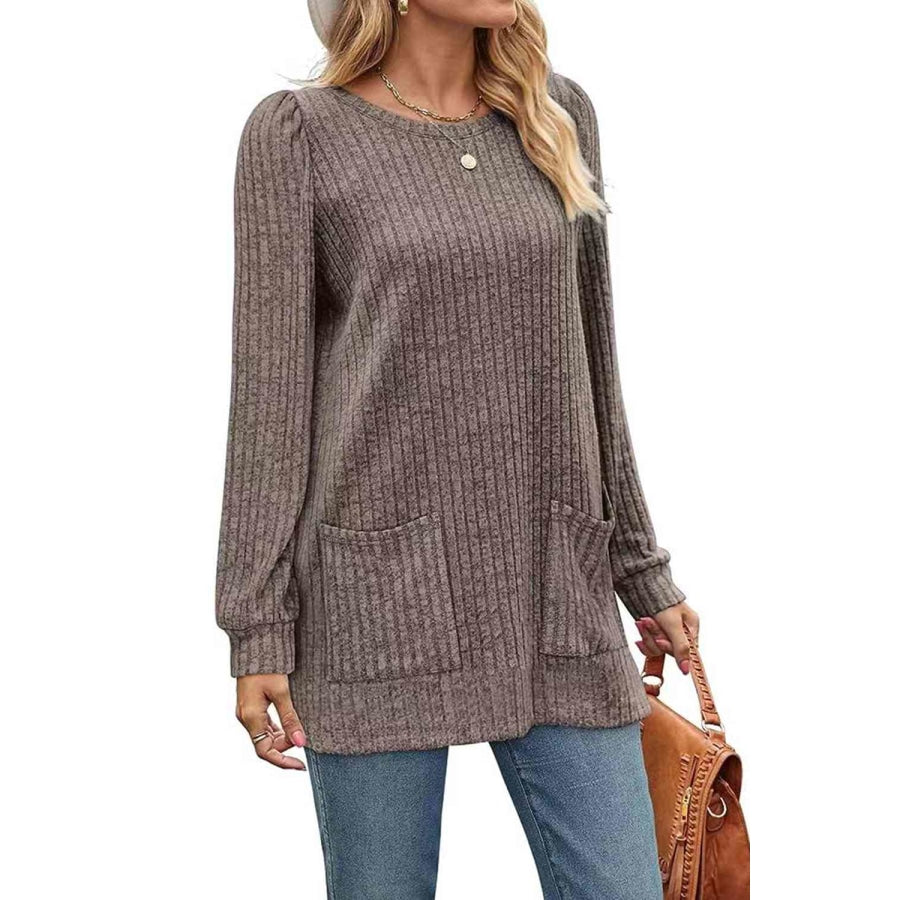 Ribbed Round Neck Long Sleeve T-Shirt