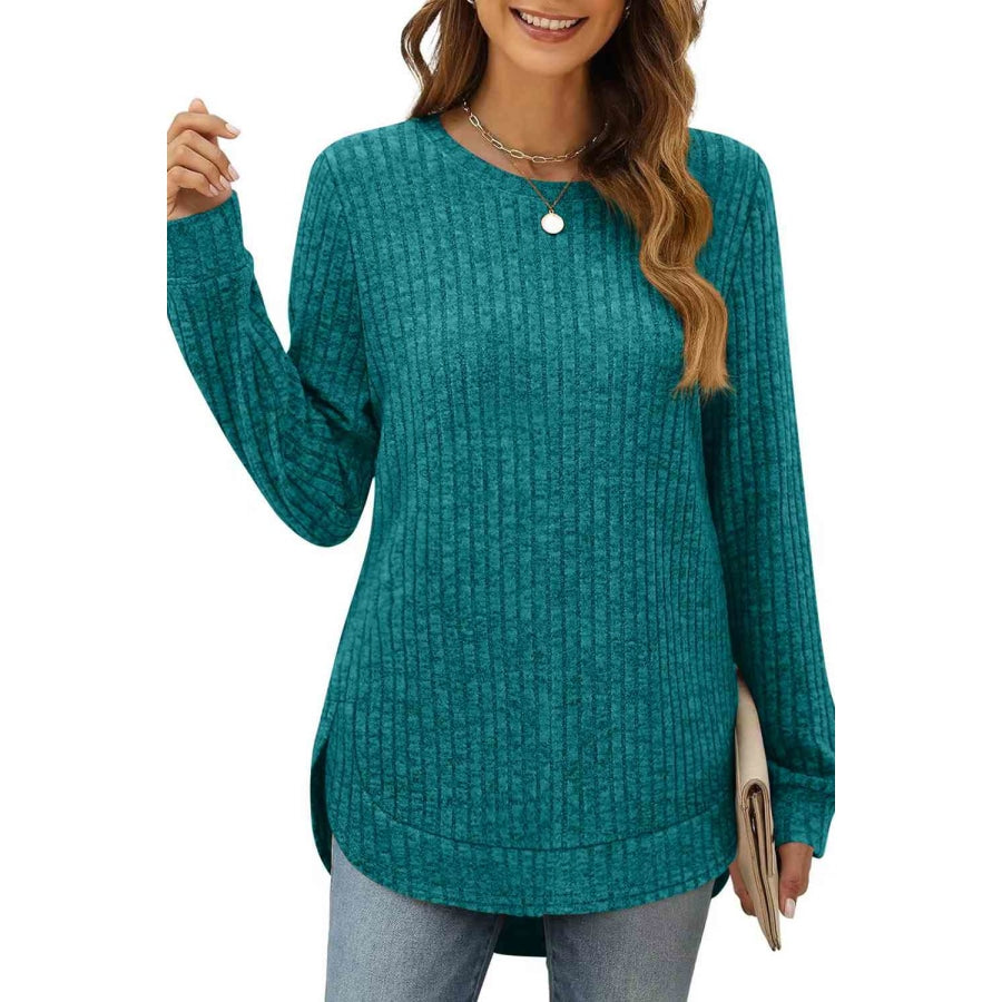 Ribbed Round Neck Long Sleeve T-Shirt