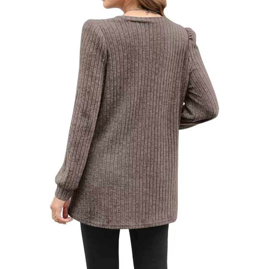 Ribbed Round Neck Long Sleeve T-Shirt