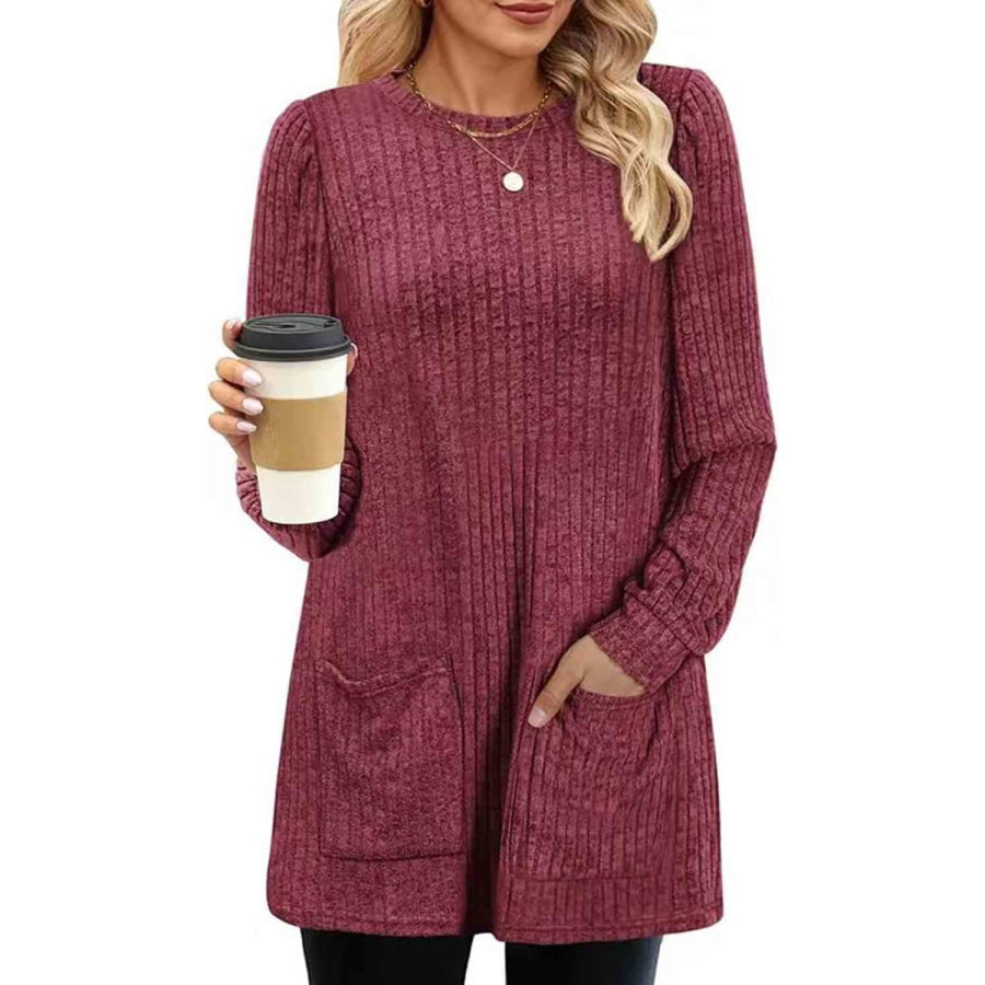 Ribbed Round Neck Long Sleeve T-Shirt