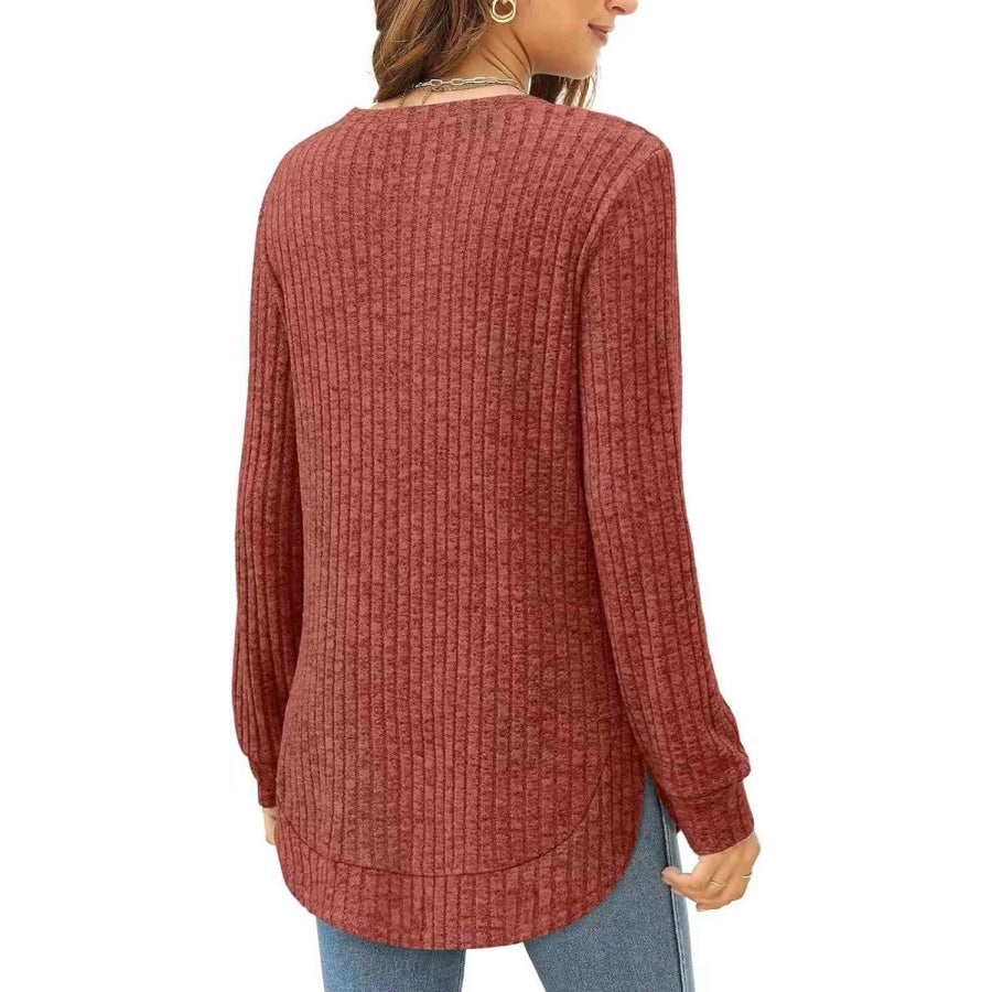 Ribbed Round Neck Long Sleeve T-Shirt