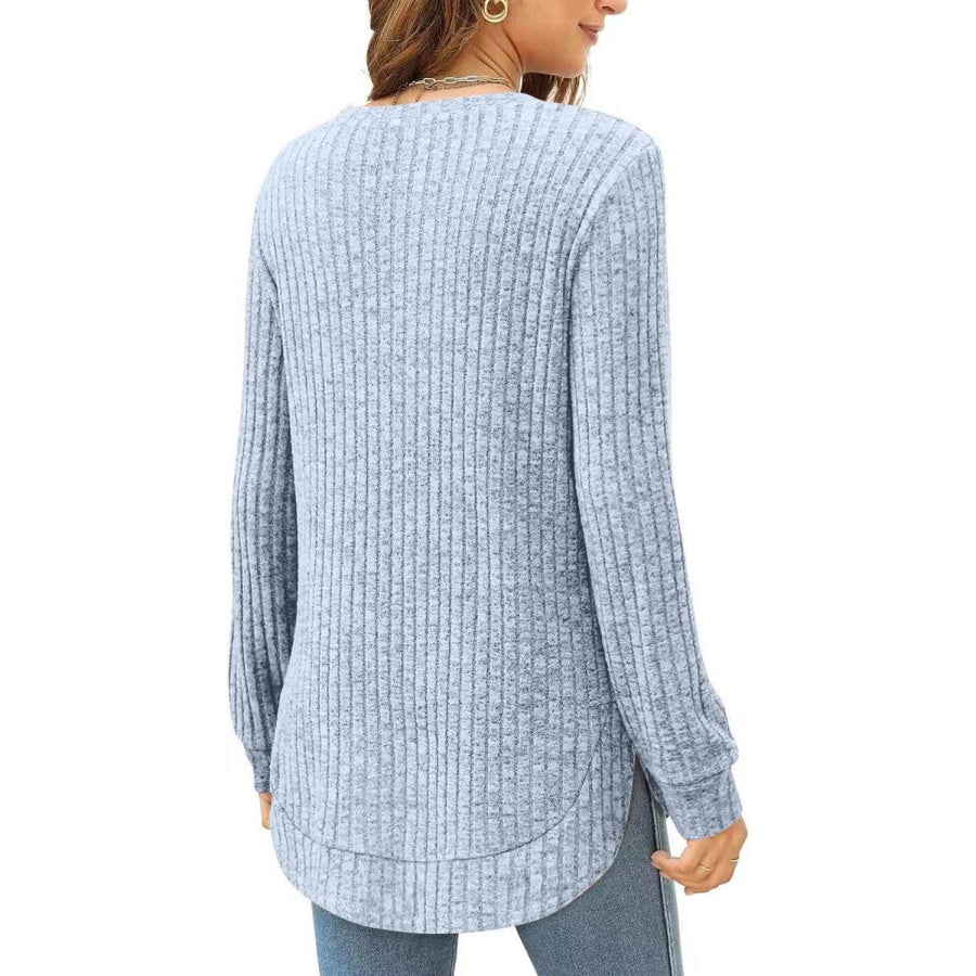 Ribbed Round Neck Long Sleeve T-Shirt