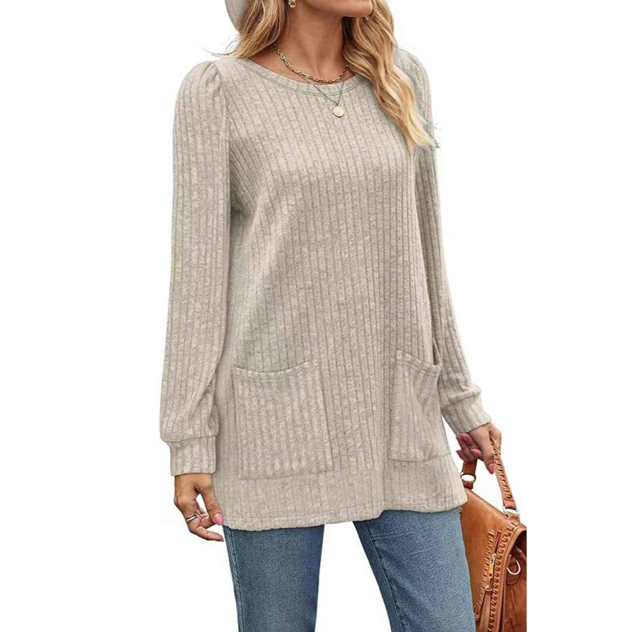 Ribbed Round Neck Long Sleeve T-Shirt