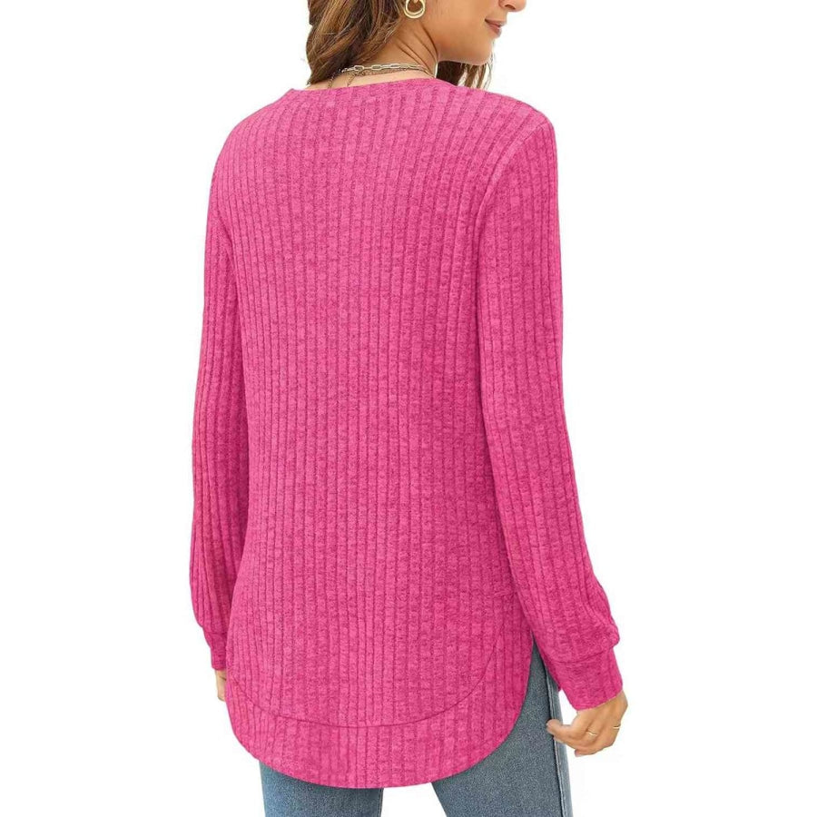 Ribbed Round Neck Long Sleeve T-Shirt