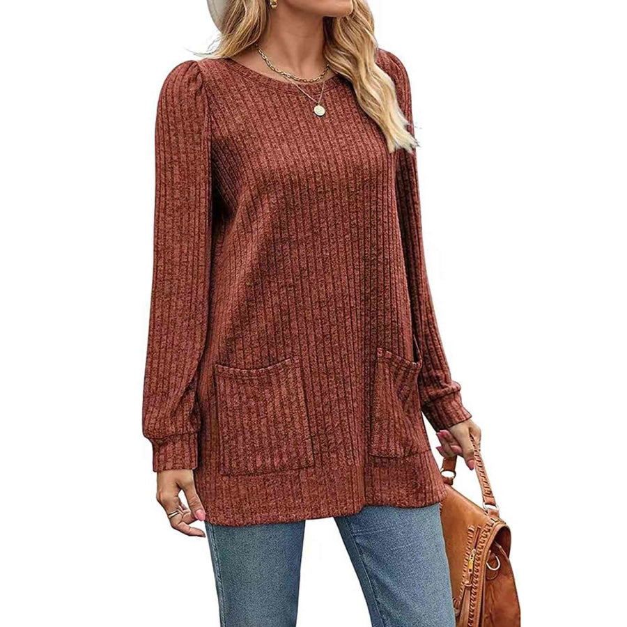 Ribbed Round Neck Long Sleeve T-Shirt