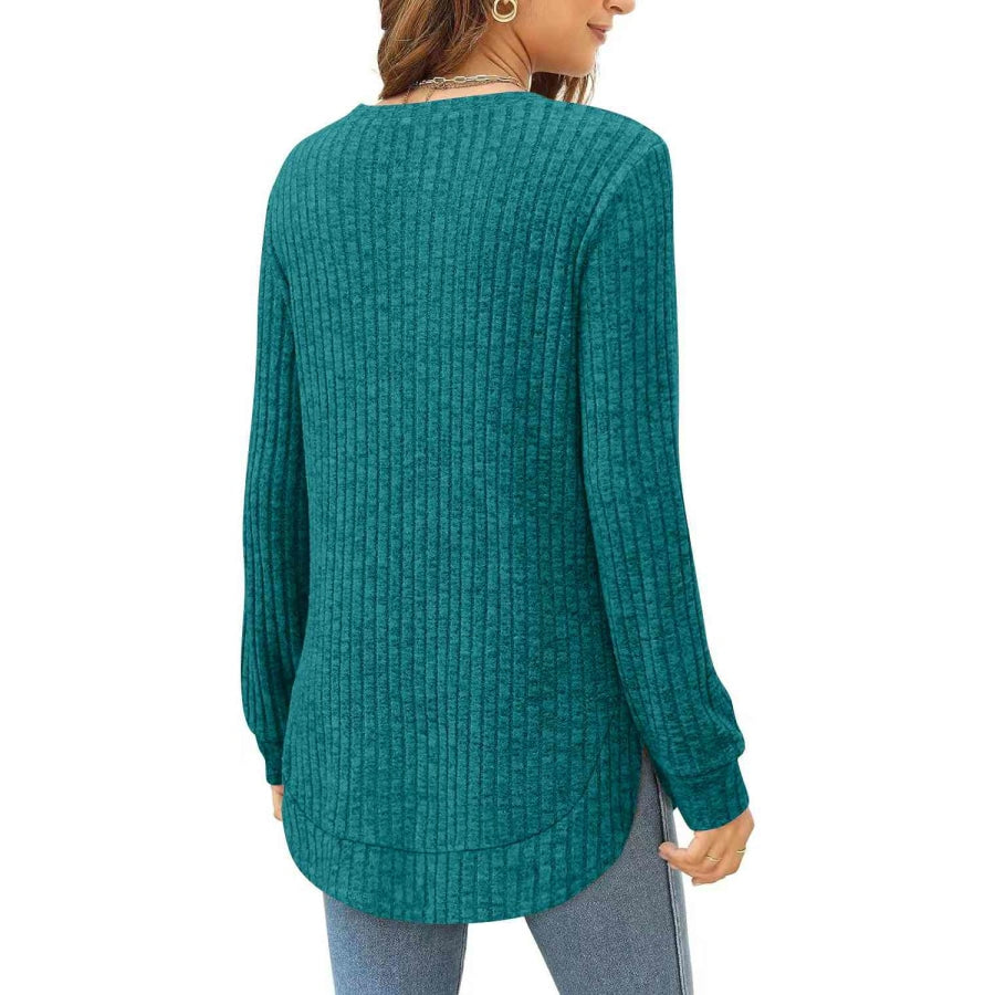 Ribbed Round Neck Long Sleeve T-Shirt