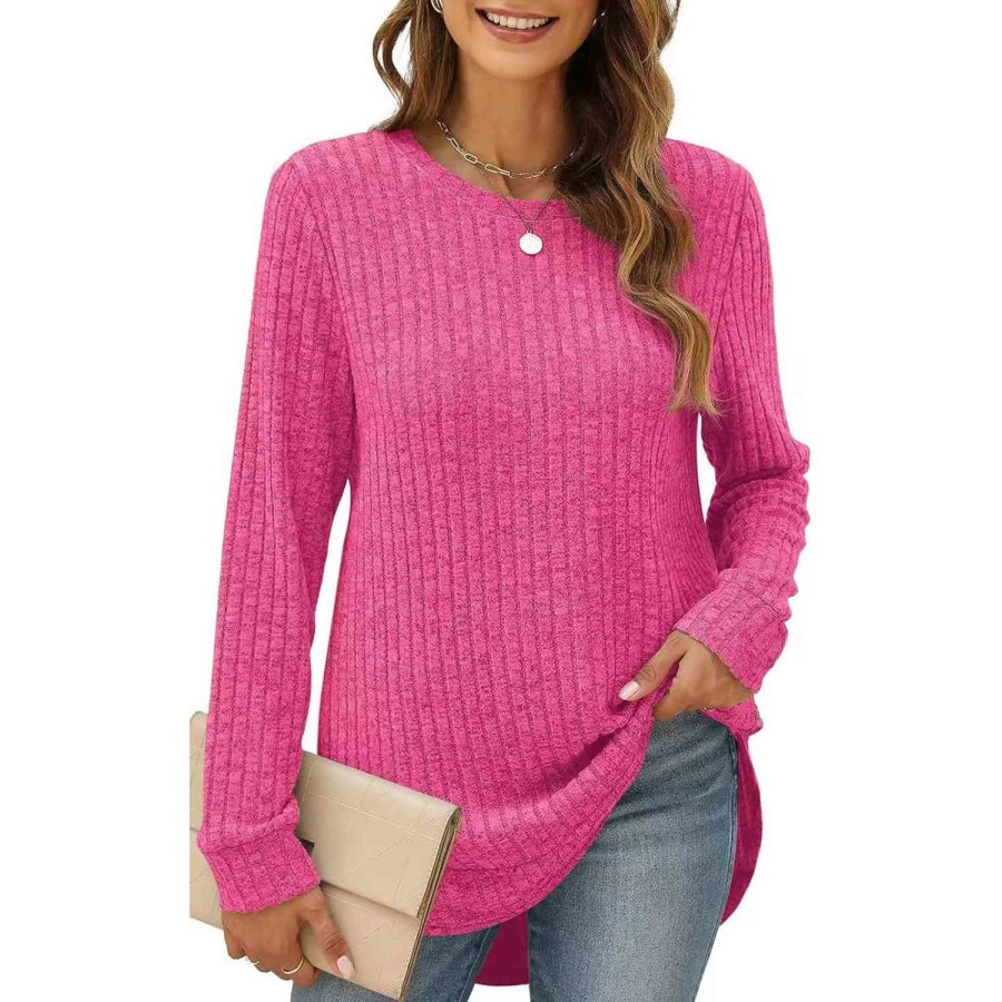 Ribbed Round Neck Long Sleeve T-Shirt