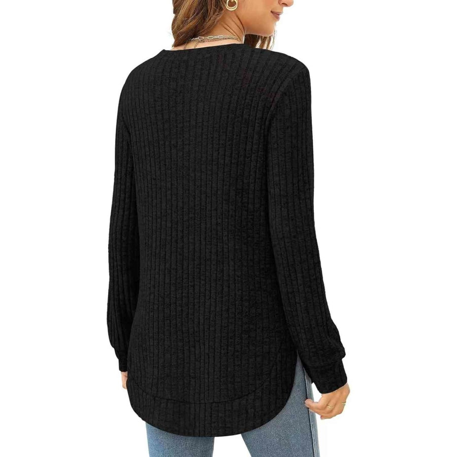 Ribbed Round Neck Long Sleeve T-Shirt