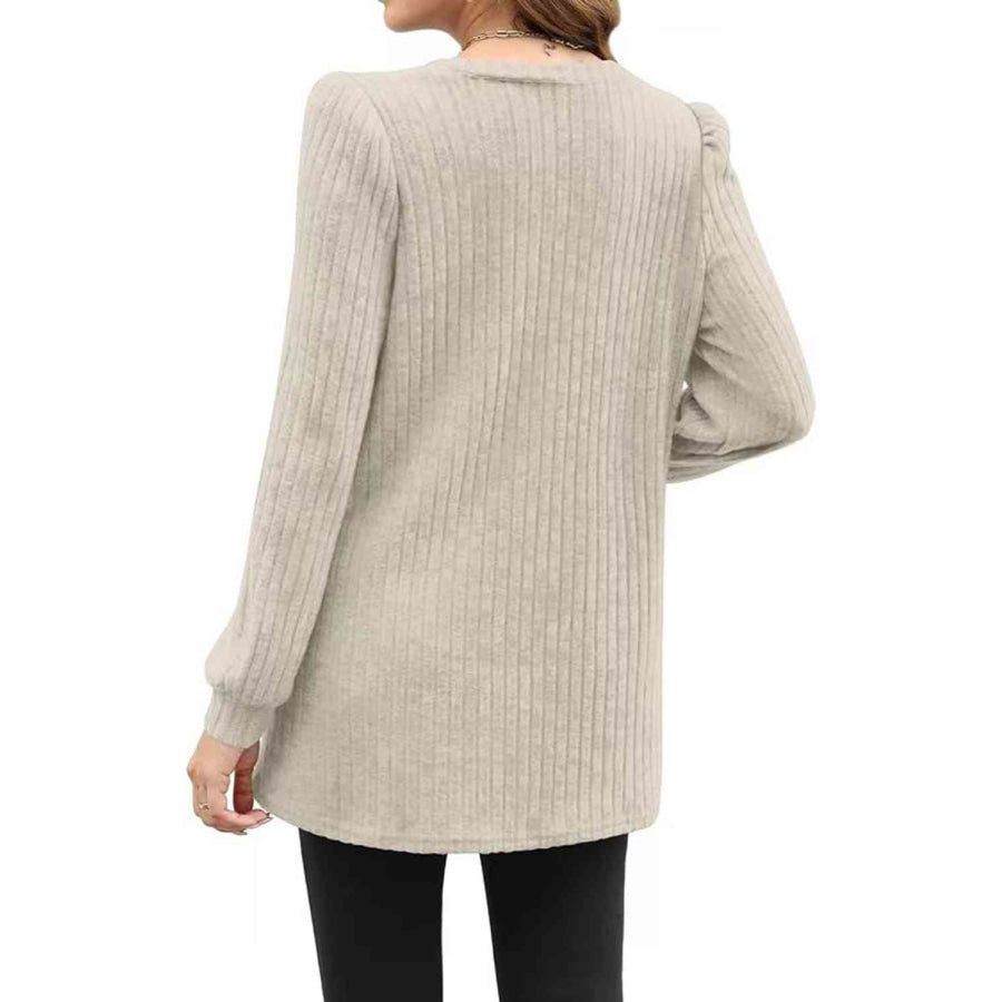 Ribbed Round Neck Long Sleeve T-Shirt