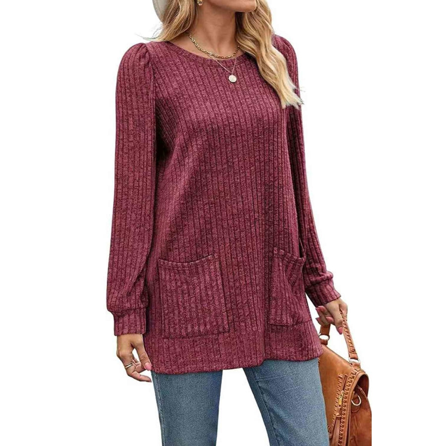 Ribbed Round Neck Long Sleeve T-Shirt Wine / S