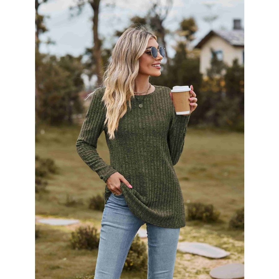 Ribbed Round Neck Long Sleeve Tee Army Green / S