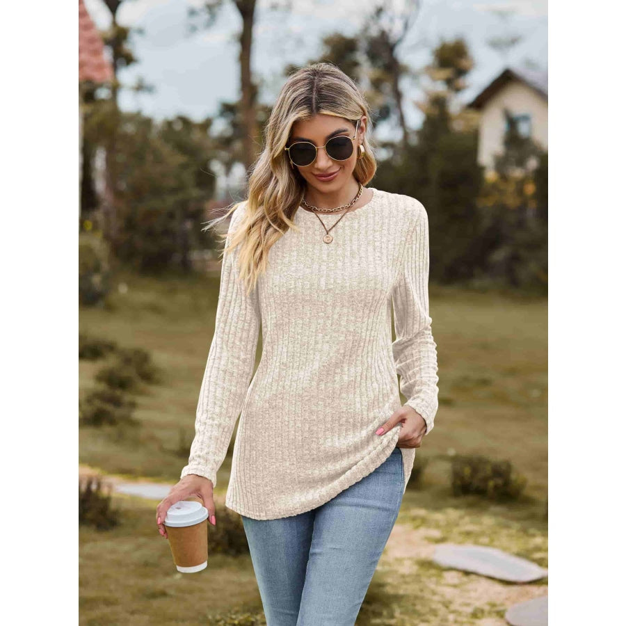 Ribbed Round Neck Long Sleeve Tee Beige / S