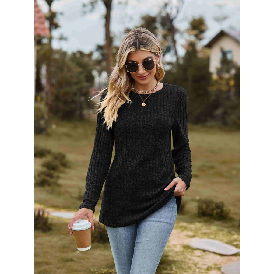 Ribbed Round Neck Long Sleeve Tee Black / S