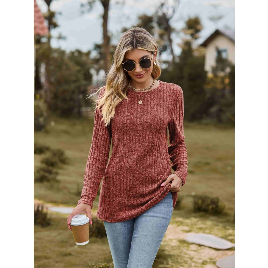 Ribbed Round Neck Long Sleeve Tee Brick Red / S