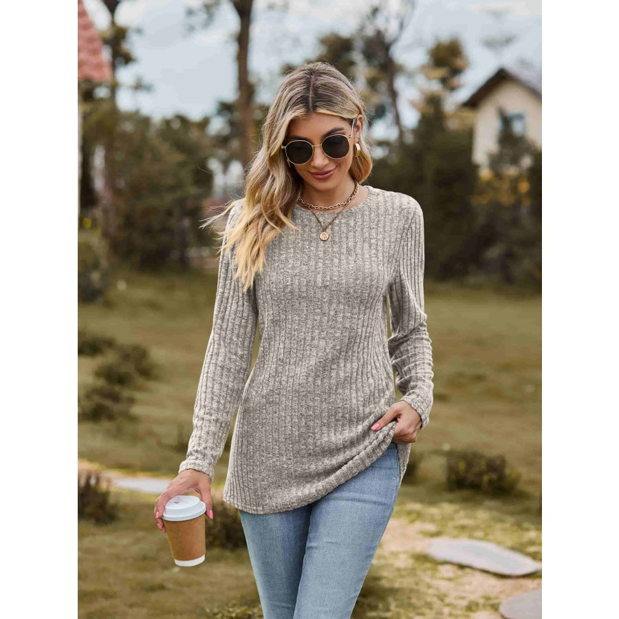 Ribbed Round Neck Long Sleeve Tee Dust Storm / S